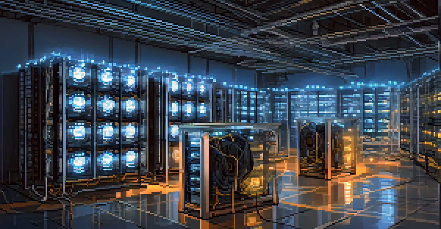 High-tech Bitcoin mining rig illuminated with blue lights in a dimly lit room, showing fluctuating prices on a digital screen.
