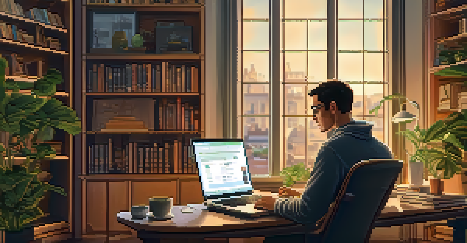 A cozy home office with a person at a desk using a laptop to trade Bitcoin, surrounded by plants and books in a warmly lit environment.