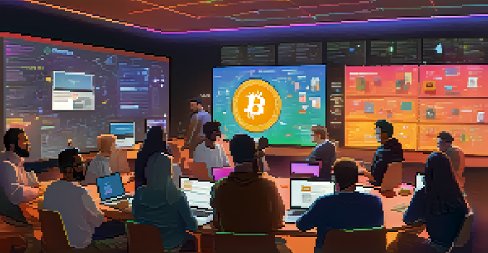 A digital forum with people discussing Bitcoin, surrounded by colorful decorations and computer screens.