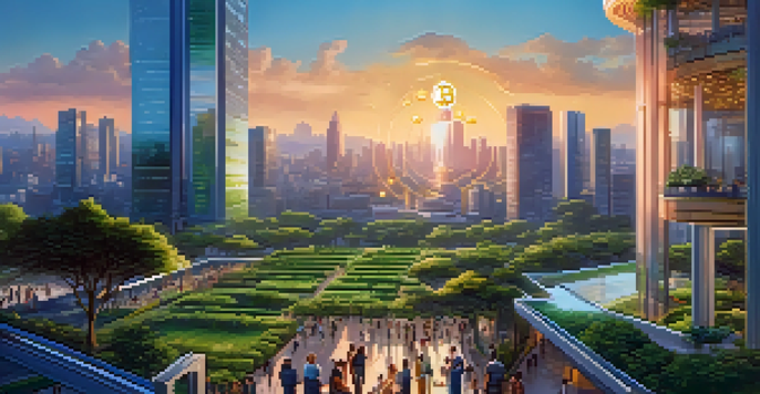 A futuristic city with Bitcoin symbols on buildings, showcasing diverse individuals using digital devices in a lush, green environment during sunset.