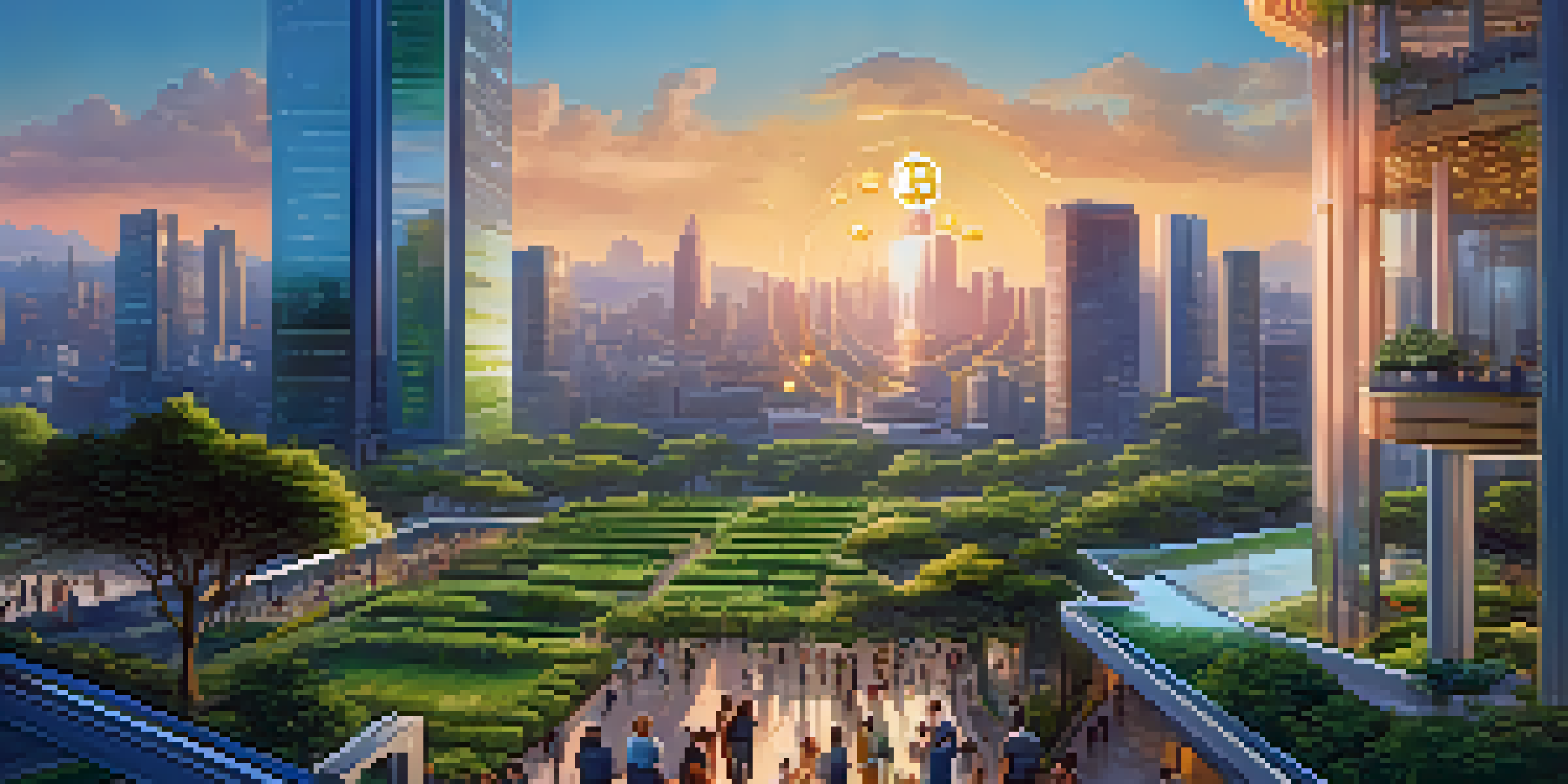 A futuristic city with Bitcoin symbols on buildings, showcasing diverse individuals using digital devices in a lush, green environment during sunset.