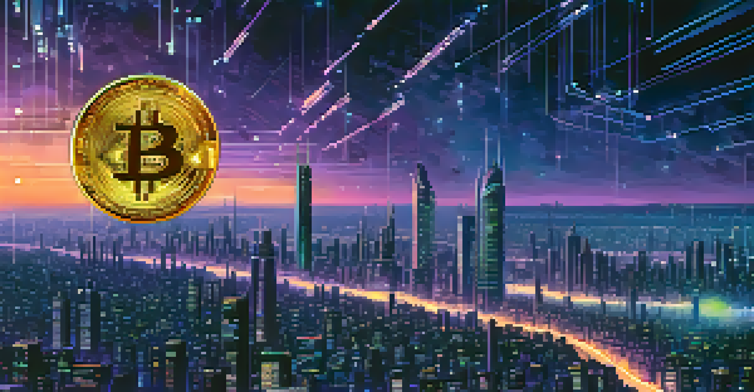 A futuristic city skyline at dusk with buildings displaying Bitcoin prices and a large glowing Bitcoin symbol in the sky.