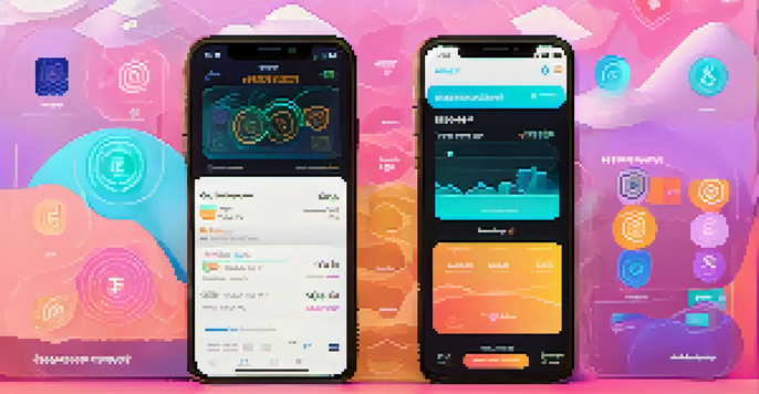 A digital wallet app showing Bitcoin balances and transactions on a glowing screen, with abstract cryptocurrency designs in the background.