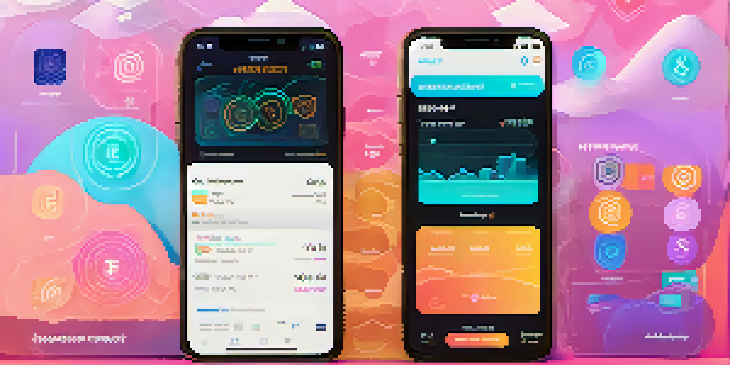 A digital wallet app showing Bitcoin balances and transactions on a glowing screen, with abstract cryptocurrency designs in the background.