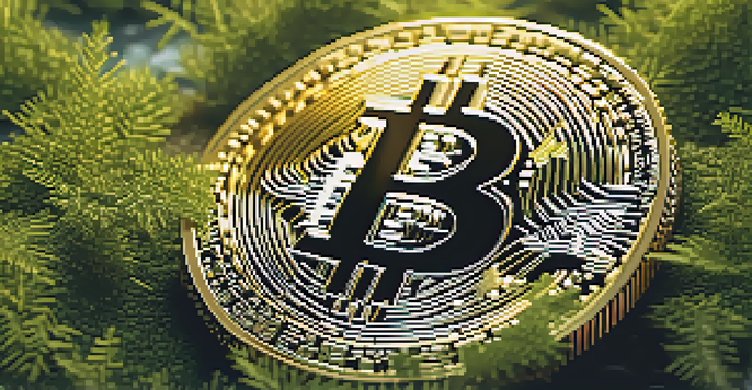 A close-up image of a Bitcoin coin on green moss, illuminated by soft sunlight, showcasing its details.