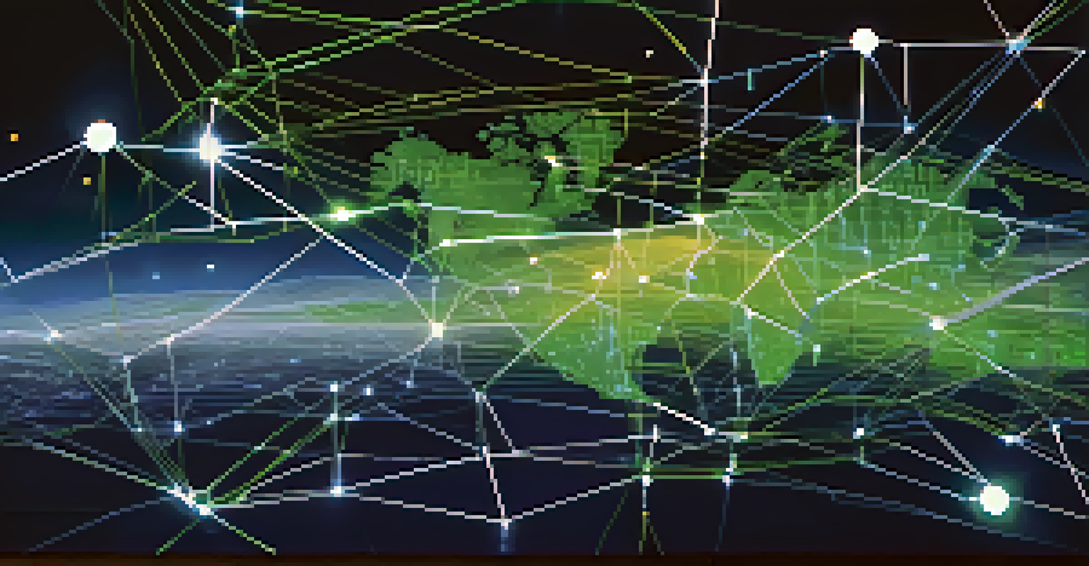 An abstract global network with interconnected nodes representing Bitcoin transactions over a digital world map.