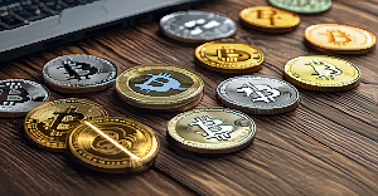 A close-up view of Bitcoin and altcoins on a wooden table with a laptop showing cryptocurrency charts.