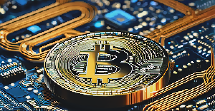 A Bitcoin coin on a digital circuit board, illuminated by a blue glow, with blurred binary code in the background.