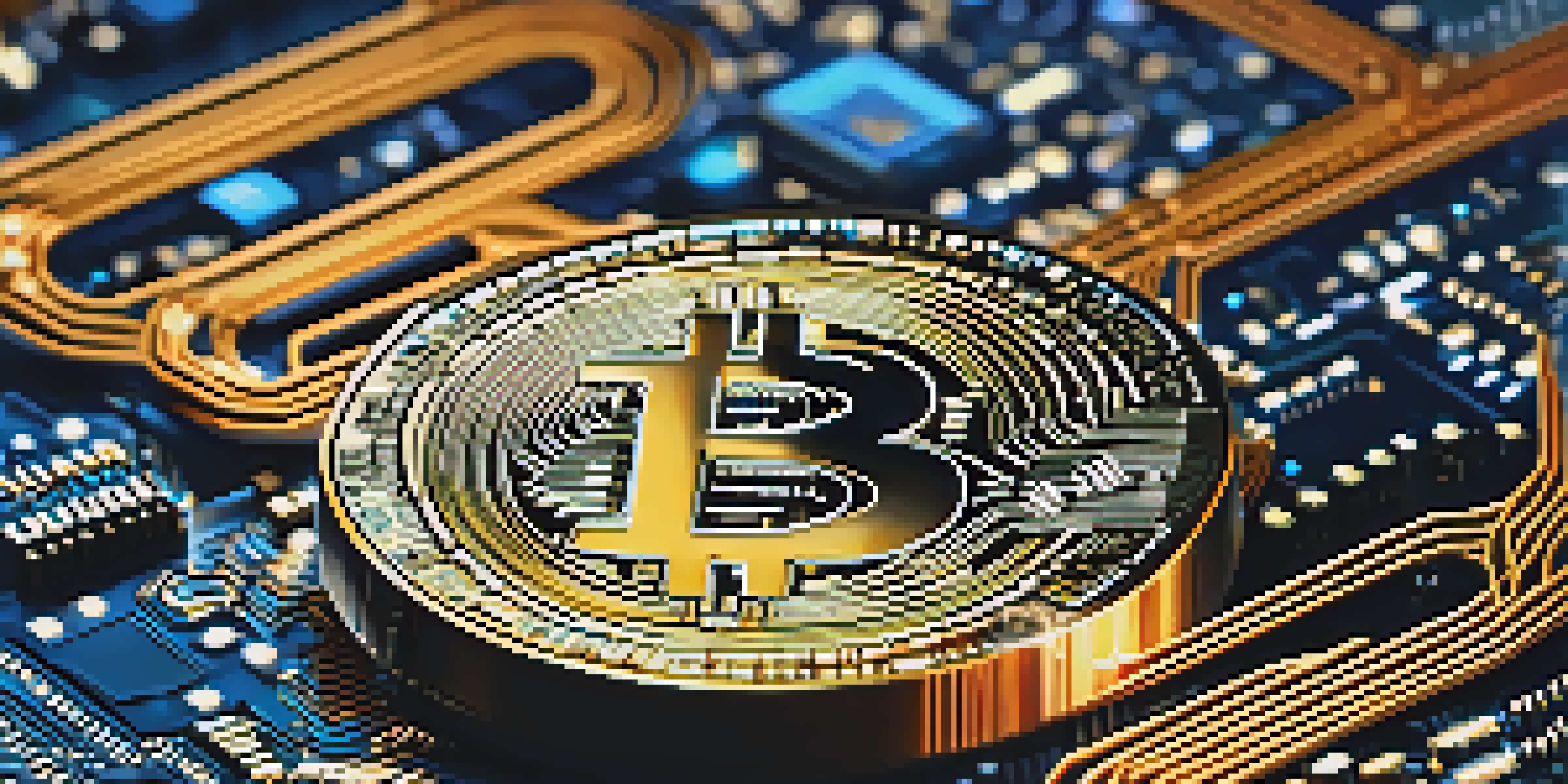 A Bitcoin coin on a digital circuit board, illuminated by a blue glow, with blurred binary code in the background.