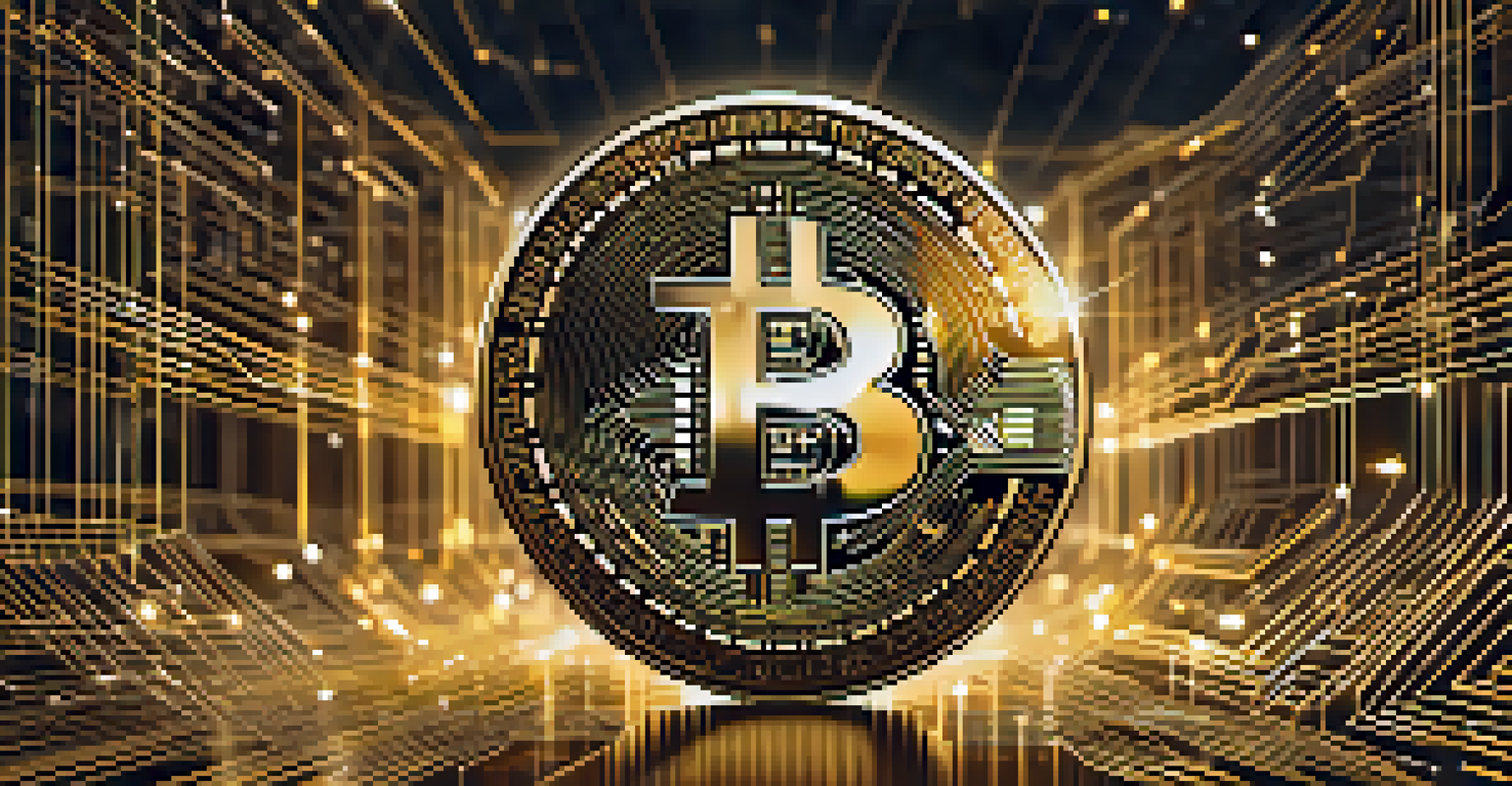 A glowing golden Bitcoin coin surrounded by blockchain nodes on a dark background, highlighting the connections in a digital network.