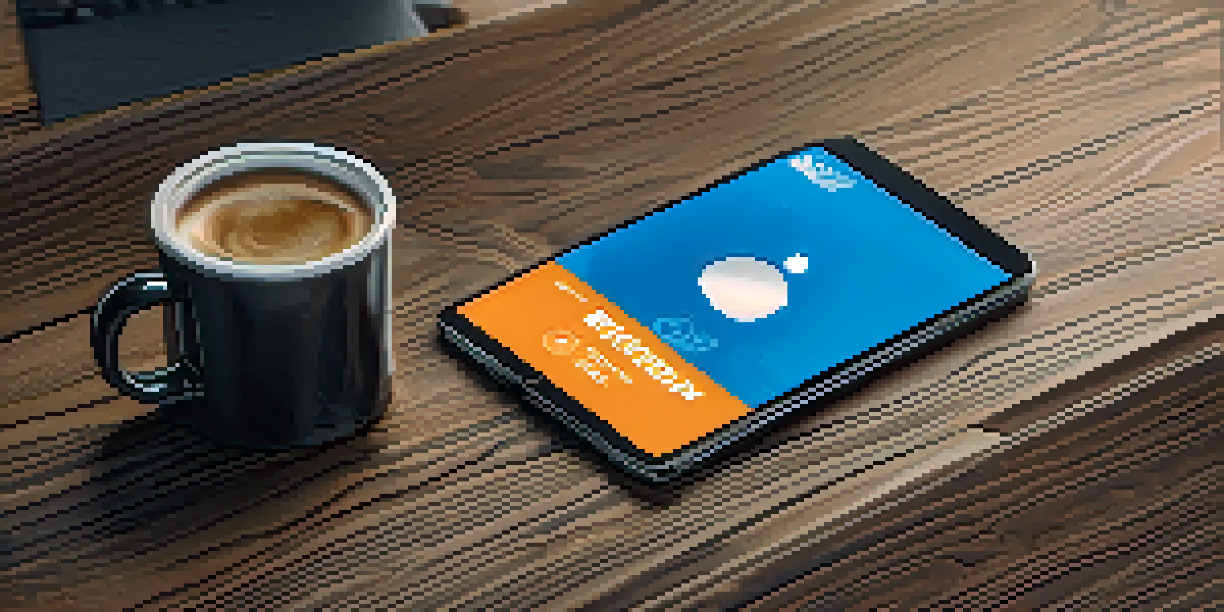 A modern Bitcoin hardware wallet on a wooden desk with a laptop and coffee cup in the background.