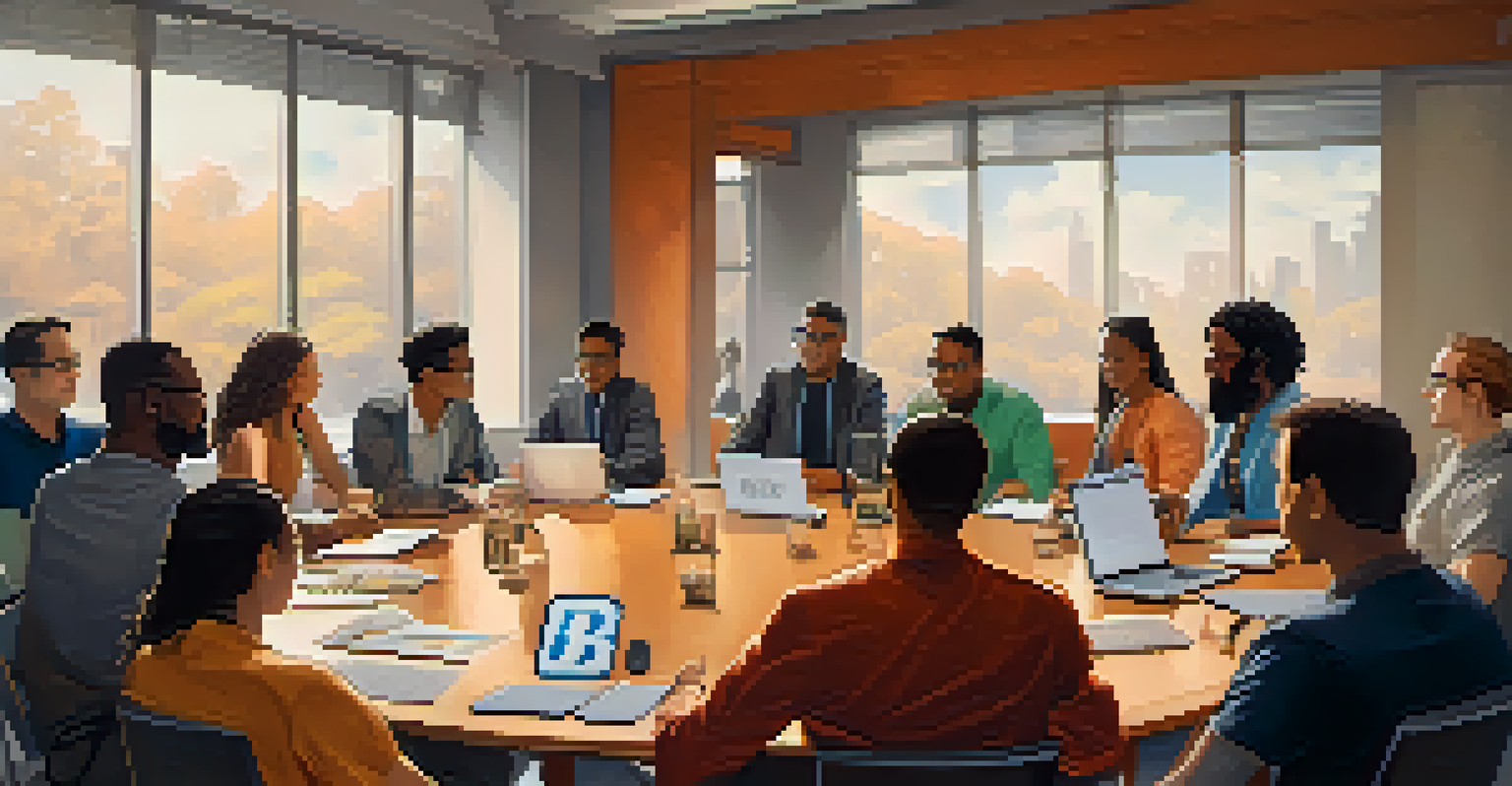 A close-up view of a diverse group discussing Bitcoin governance at a round table, surrounded by modern office decor.