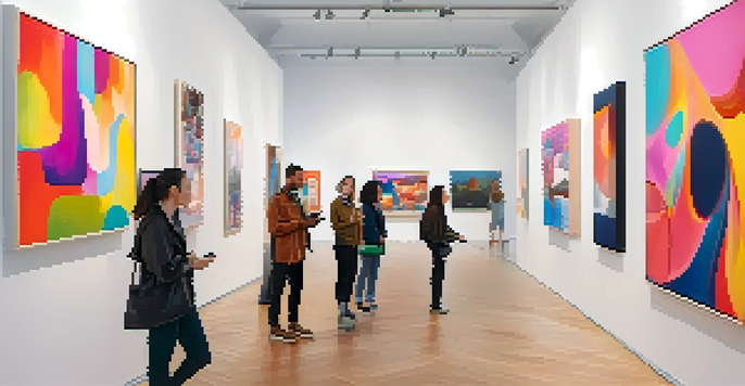 A modern art gallery filled with visitors, showcasing colorful artworks and digital installations, with warm lighting creating an inviting atmosphere.