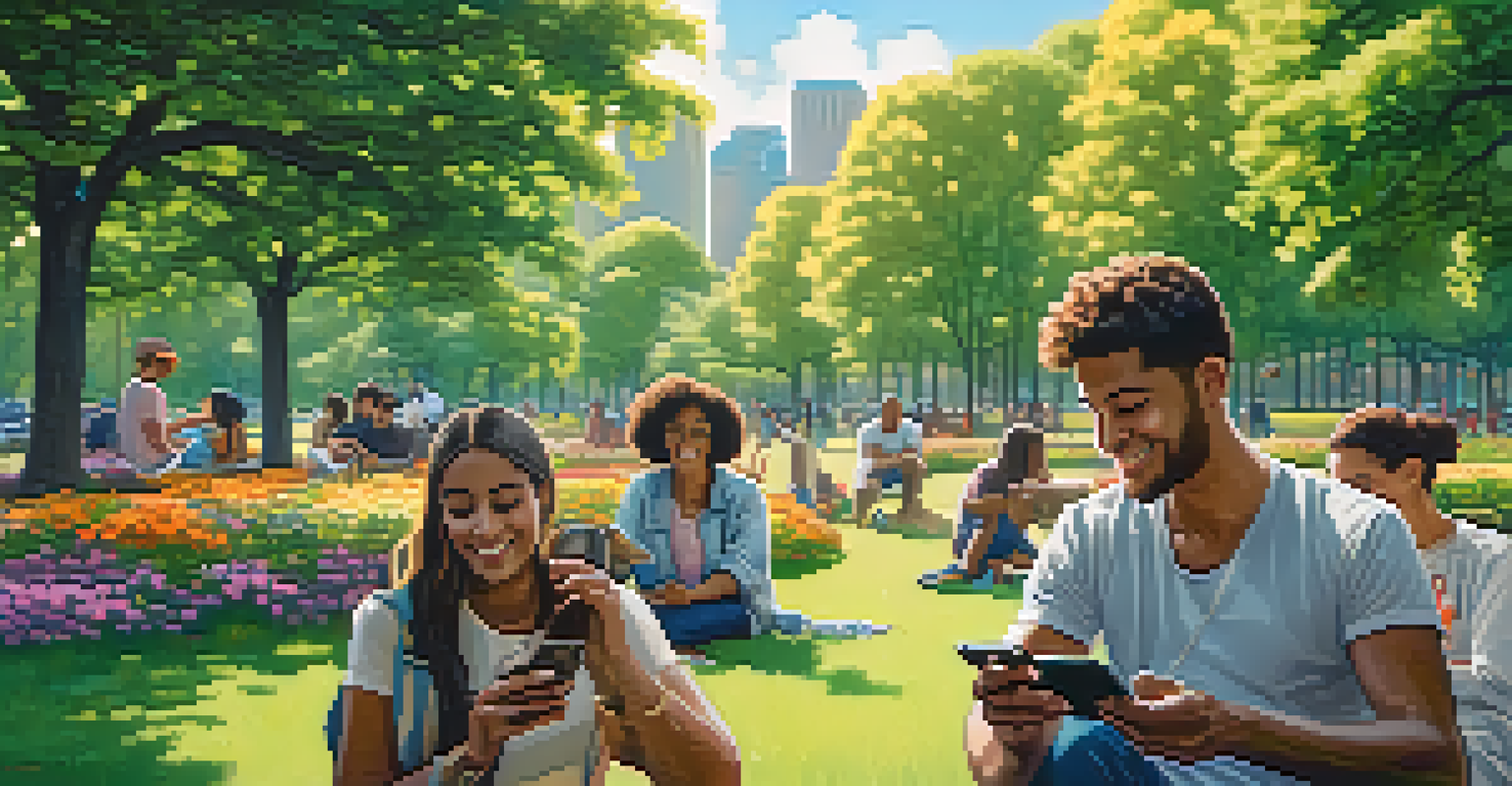 A diverse group of people in a park using smartphones for Bitcoin transactions, surrounded by greenery and sunlight.