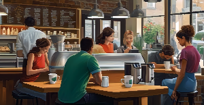 A busy coffee shop with customers using smartphones to order drinks, featuring warm lighting and wooden decor.