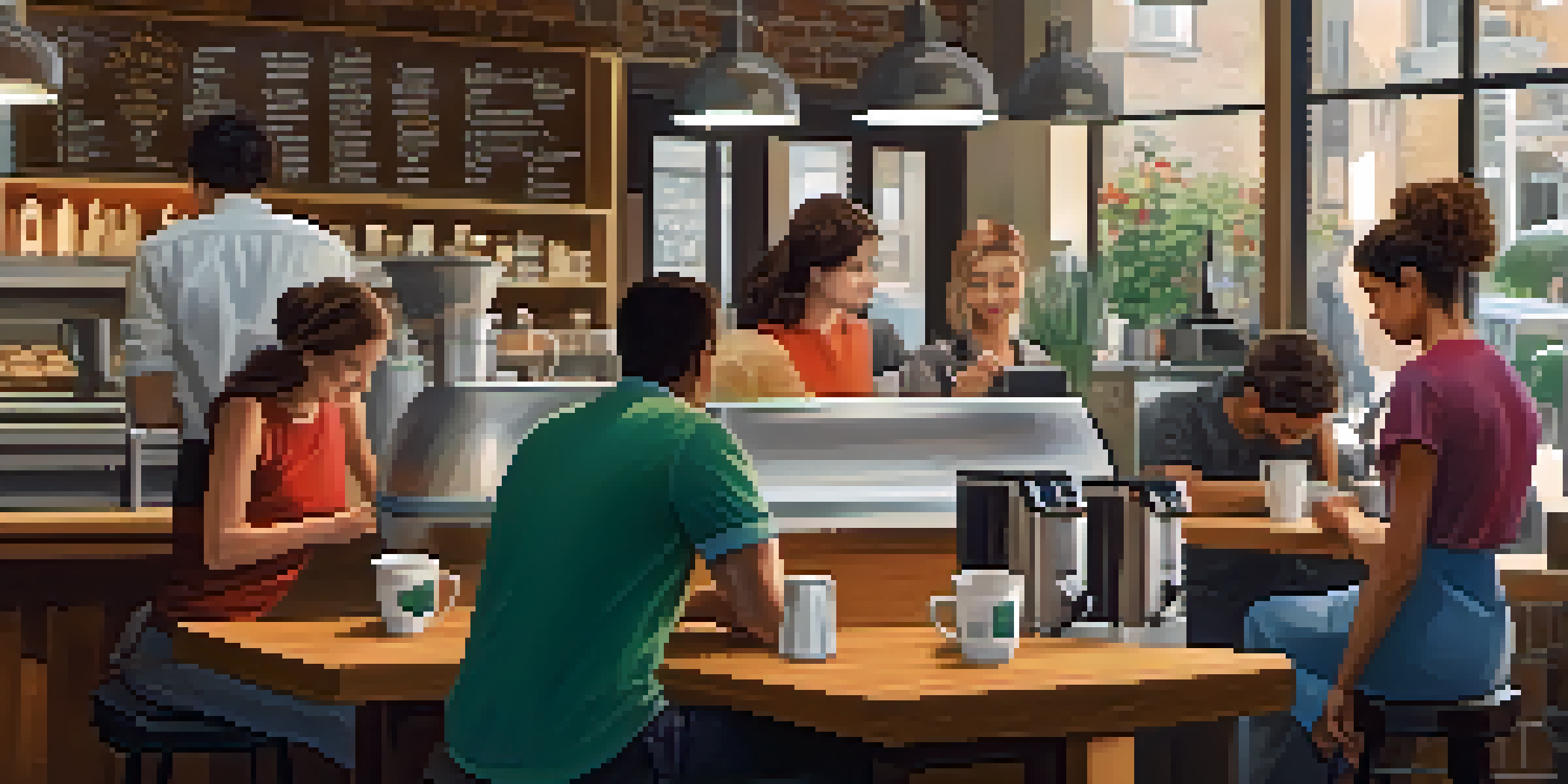 A busy coffee shop with customers using smartphones to order drinks, featuring warm lighting and wooden decor.