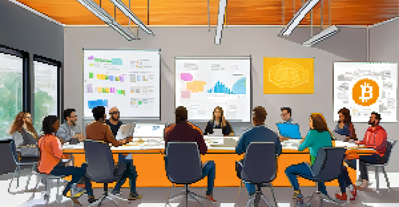 A diverse group of individuals discussing Bitcoin design in a modern conference room.