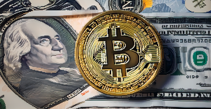 A Bitcoin coin placed on top of a stack of banknotes, with a blurred financial graph in the background.