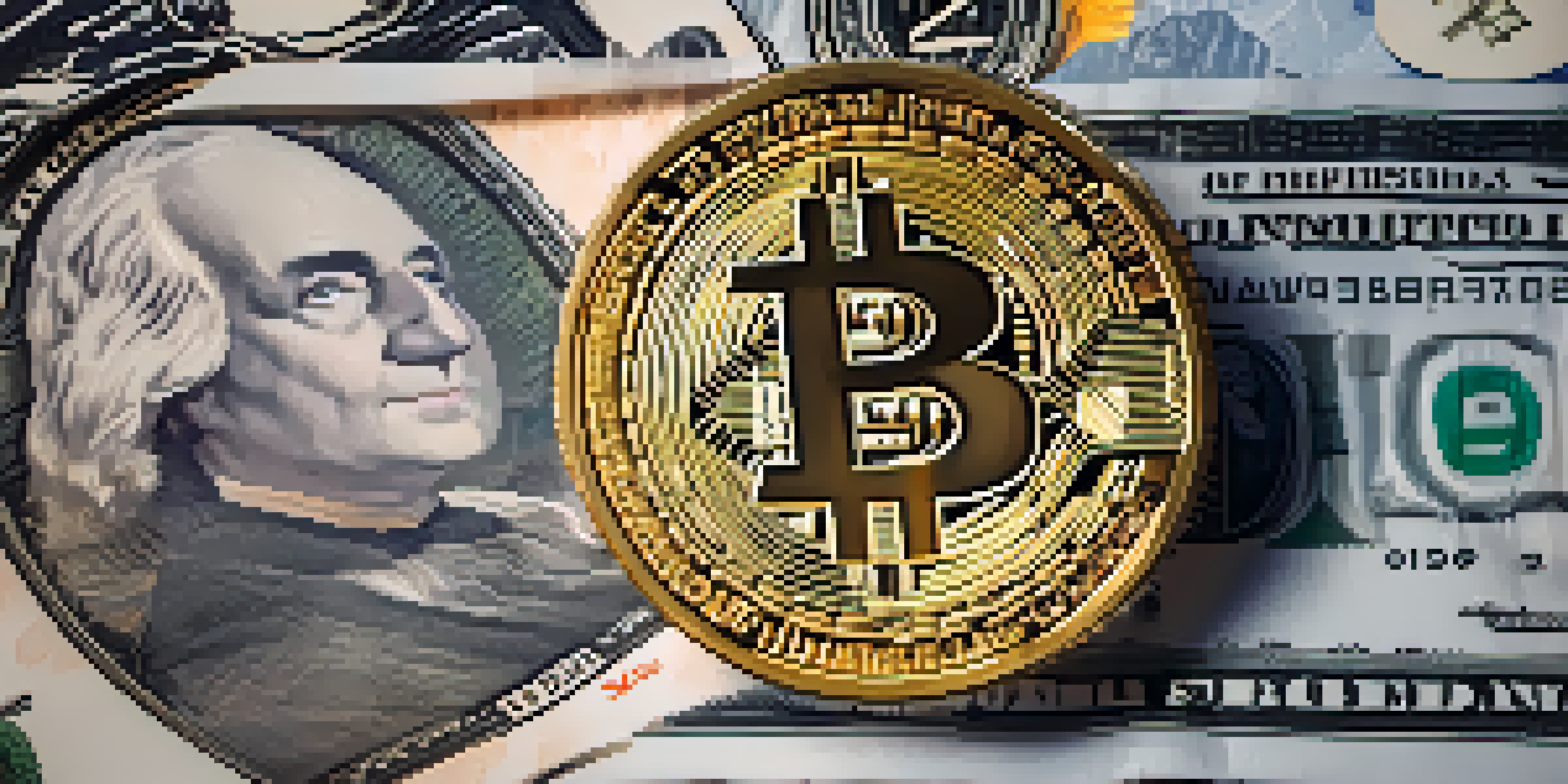 A Bitcoin coin placed on top of a stack of banknotes, with a blurred financial graph in the background.