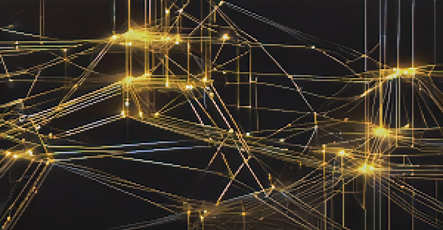 An artistic visualization of blockchain technology with interconnected nodes glowing in gold and silver.
