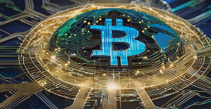 A golden Bitcoin symbol at the center of a digital globe, surrounded by glowing blockchain connections in blue and green colors.