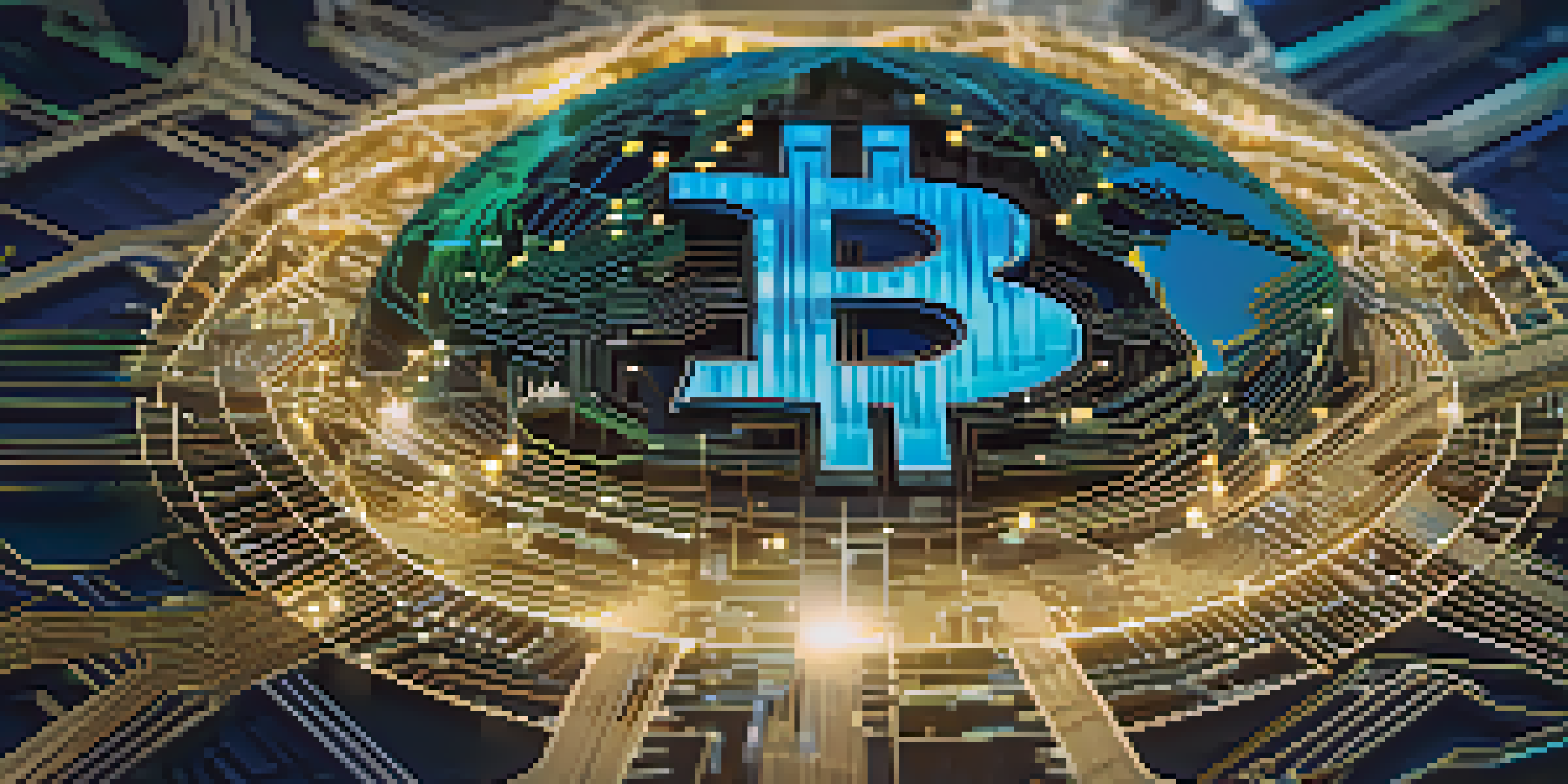 A golden Bitcoin symbol at the center of a digital globe, surrounded by glowing blockchain connections in blue and green colors.
