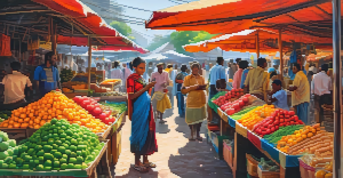 A lively market with people using smartphones for Bitcoin transactions, surrounded by colorful stalls and bright sunlight.