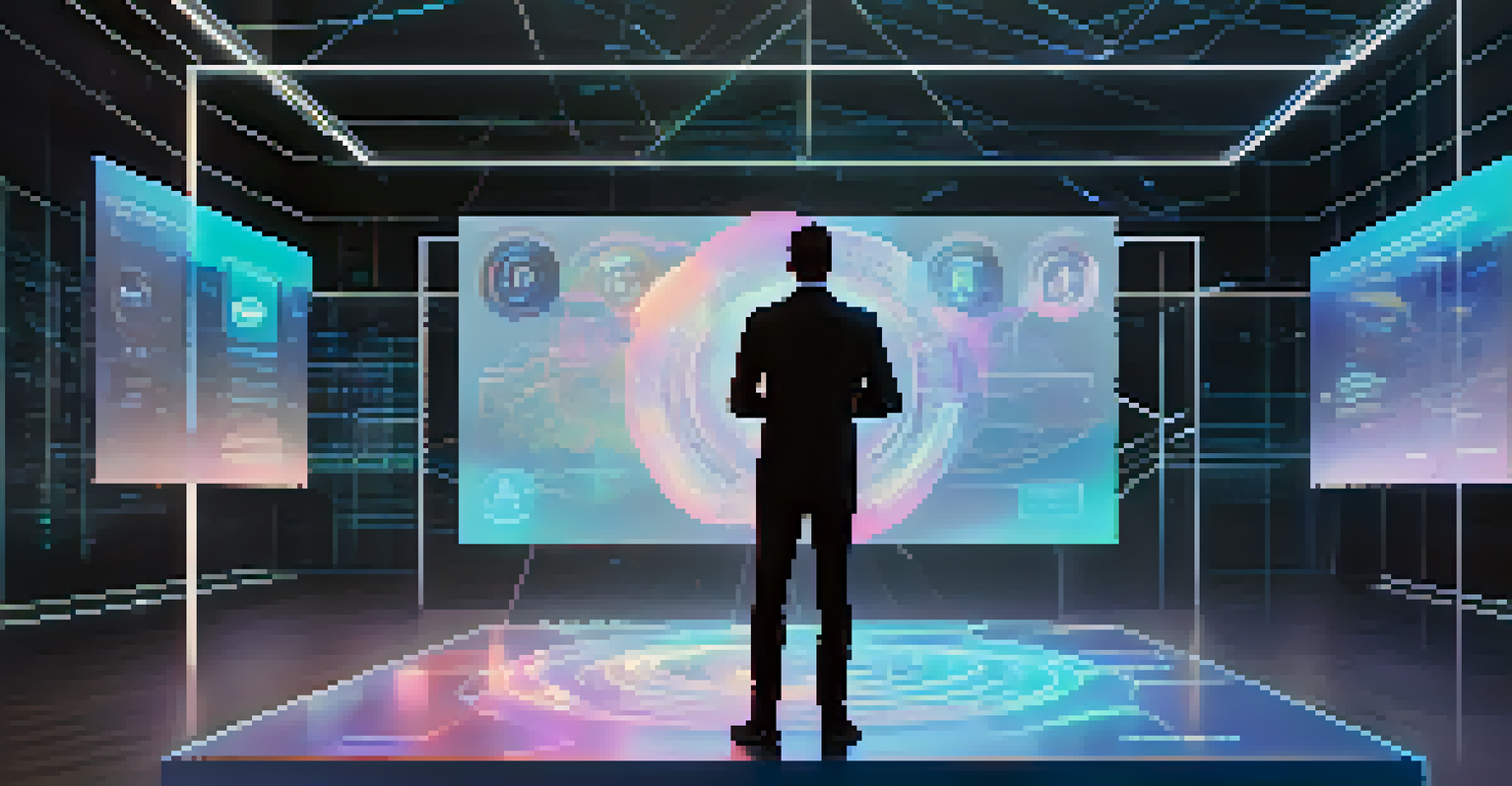 A person using a holographic interface showing digital finance options with floating tokens and graphs in a modern room.