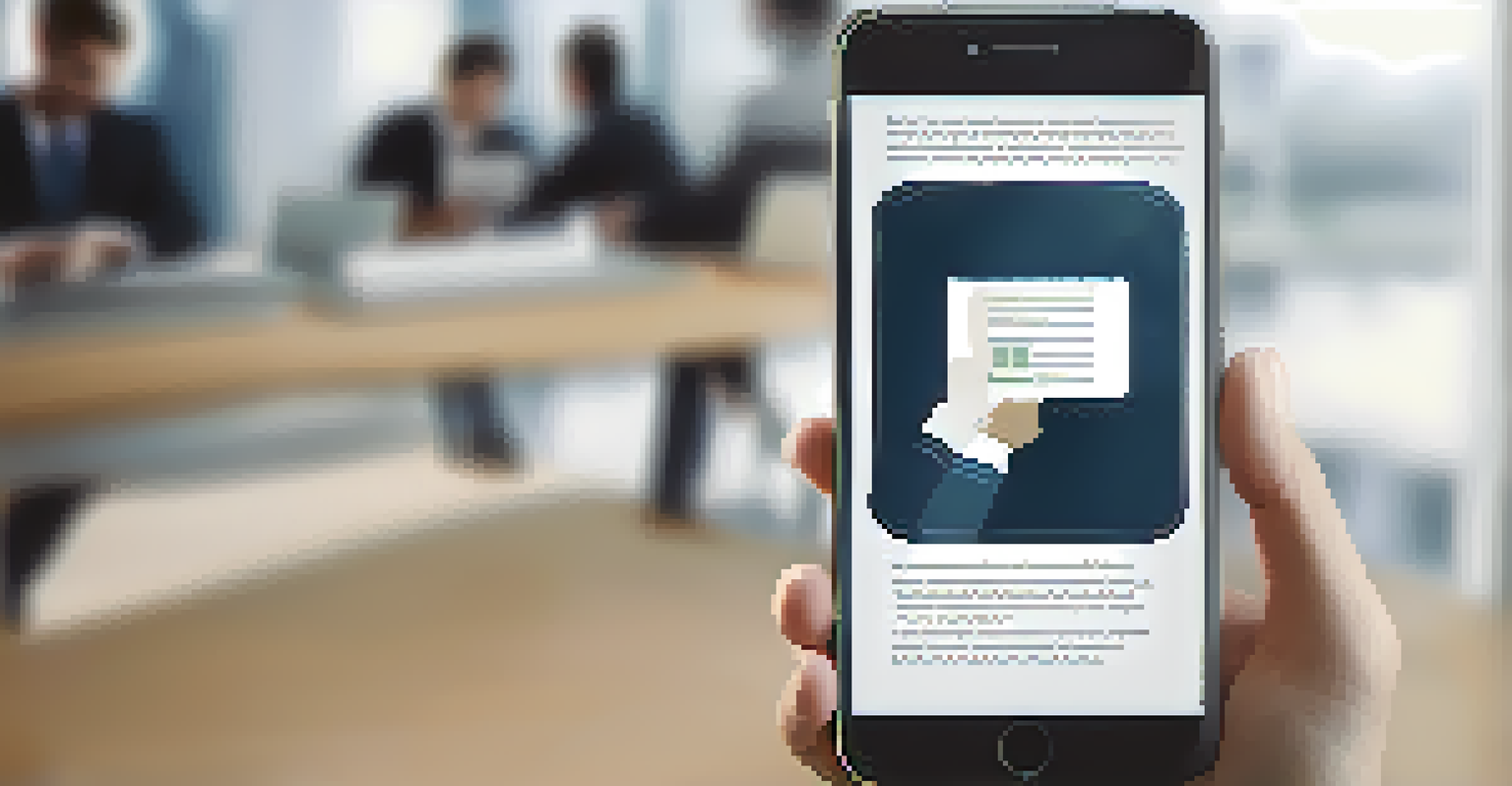 A close-up of a hand holding a smartphone with a digital contract interface against a blurred office background.