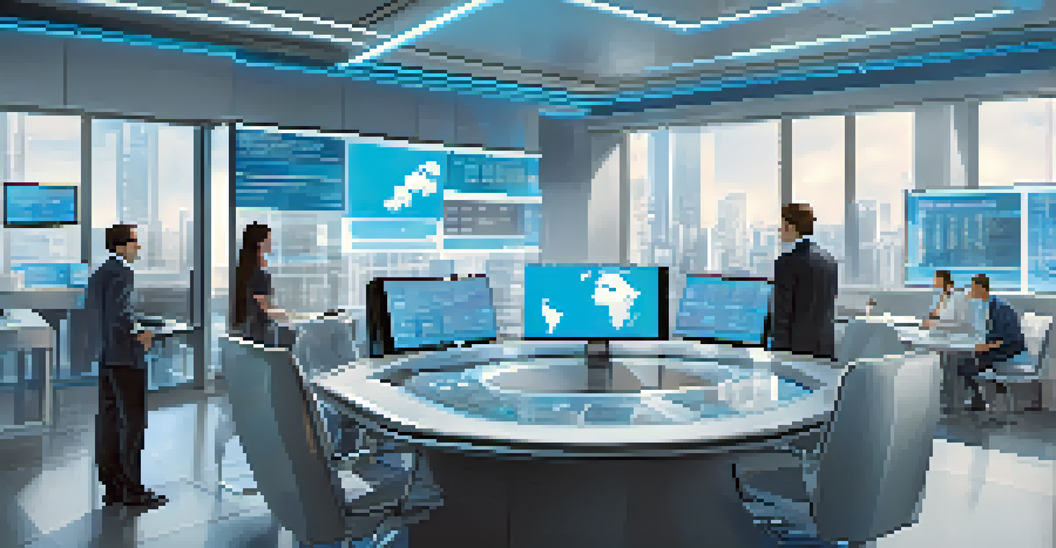 A modern office with business professionals discussing global trade data, featuring digital displays of currency exchange and Bitcoin.