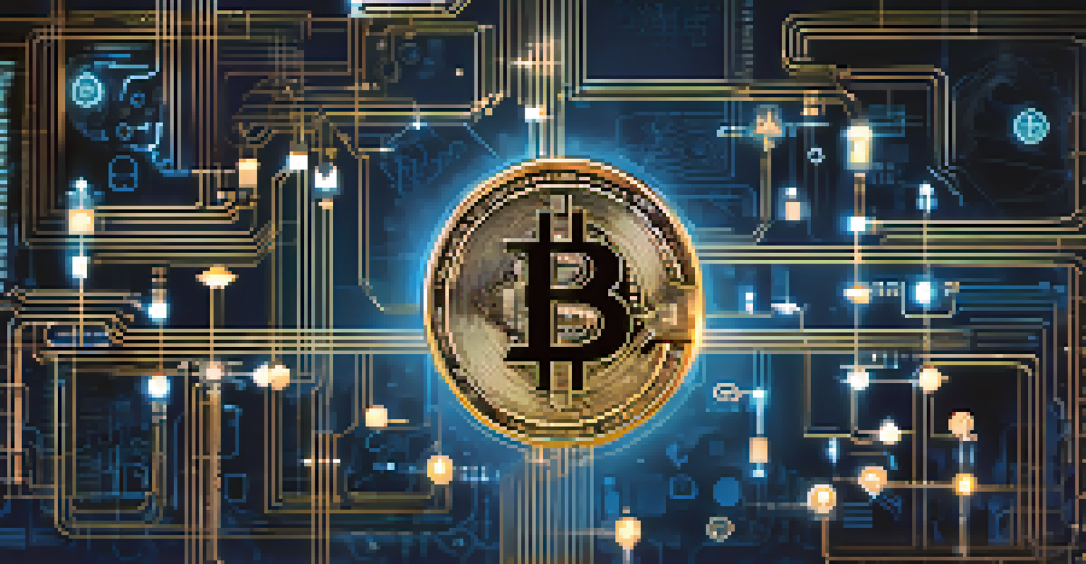 An abstract image of a central Bitcoin symbol with various blockchain icons connected by luminous pathways on a blue gradient background.