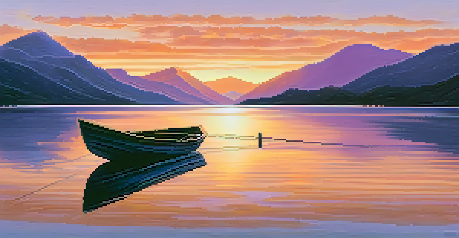 A peaceful sunset over a lake with mountains in the background and a boat floating on the water.