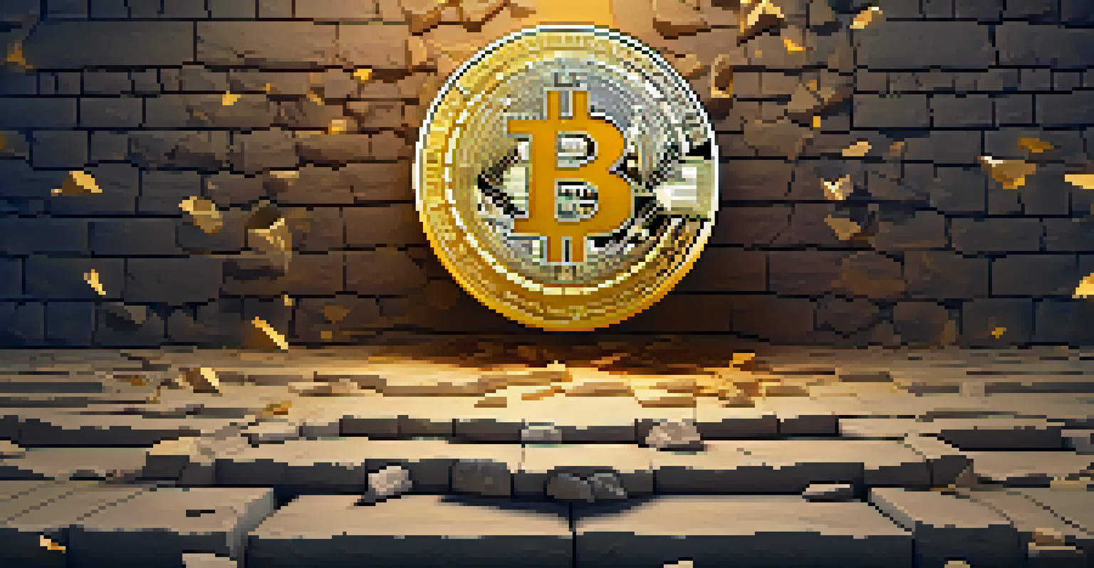 A golden Bitcoin breaking through a wall, symbolizing the disruption of traditional finance.
