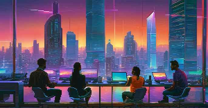 A vibrant futuristic city at dusk with skyscrapers and illuminated neon lights, where diverse individuals interact with digital devices displaying cryptocurrencies.
