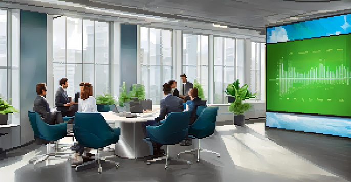 A diverse group of business professionals discussing Bitcoin in a corporate office with a digital screen showing a rising graph.