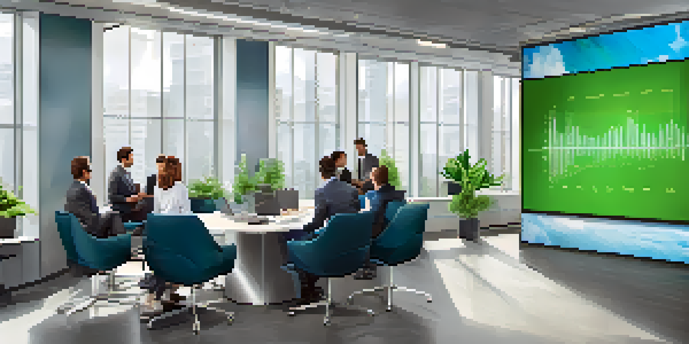 A diverse group of business professionals discussing Bitcoin in a corporate office with a digital screen showing a rising graph.
