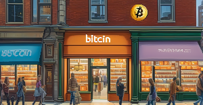 A modern storefront with digital signage showing Bitcoin logos, surrounded by diverse customers and a busy urban environment.