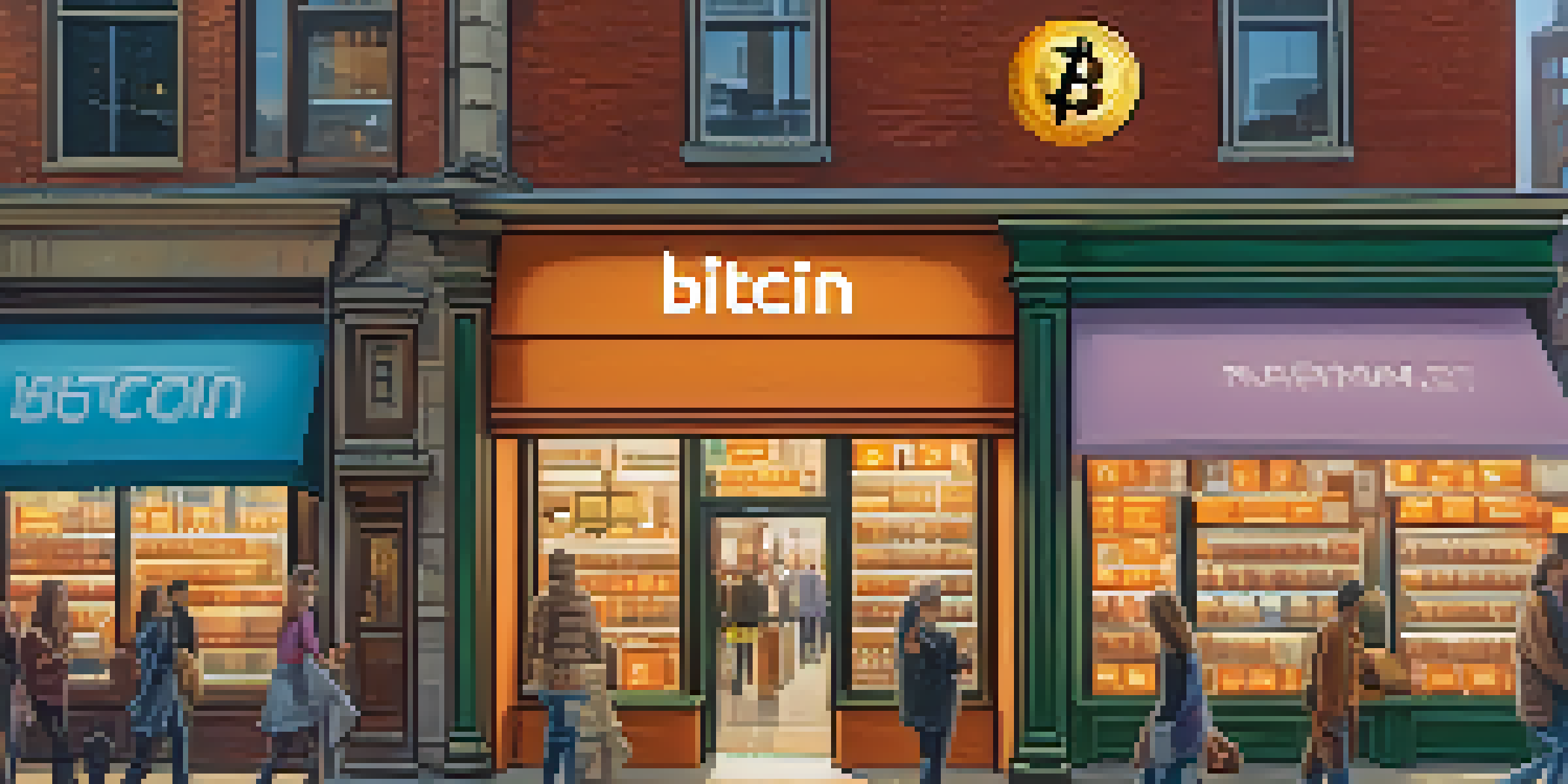 A modern storefront with digital signage showing Bitcoin logos, surrounded by diverse customers and a busy urban environment.