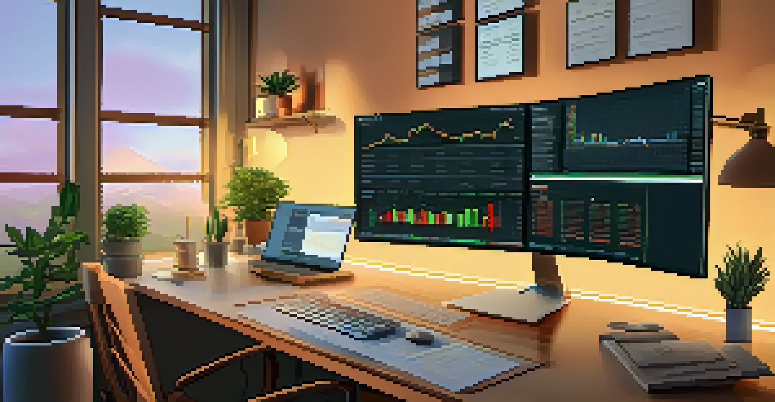 An organized cryptocurrency trading desk with multiple monitors showing prices, a notepad with calculations, and a potted plant under warm desk lamp light.