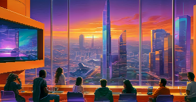 A futuristic city skyline at sunset with people interacting with holographic displays of Bitcoin and NFTs.