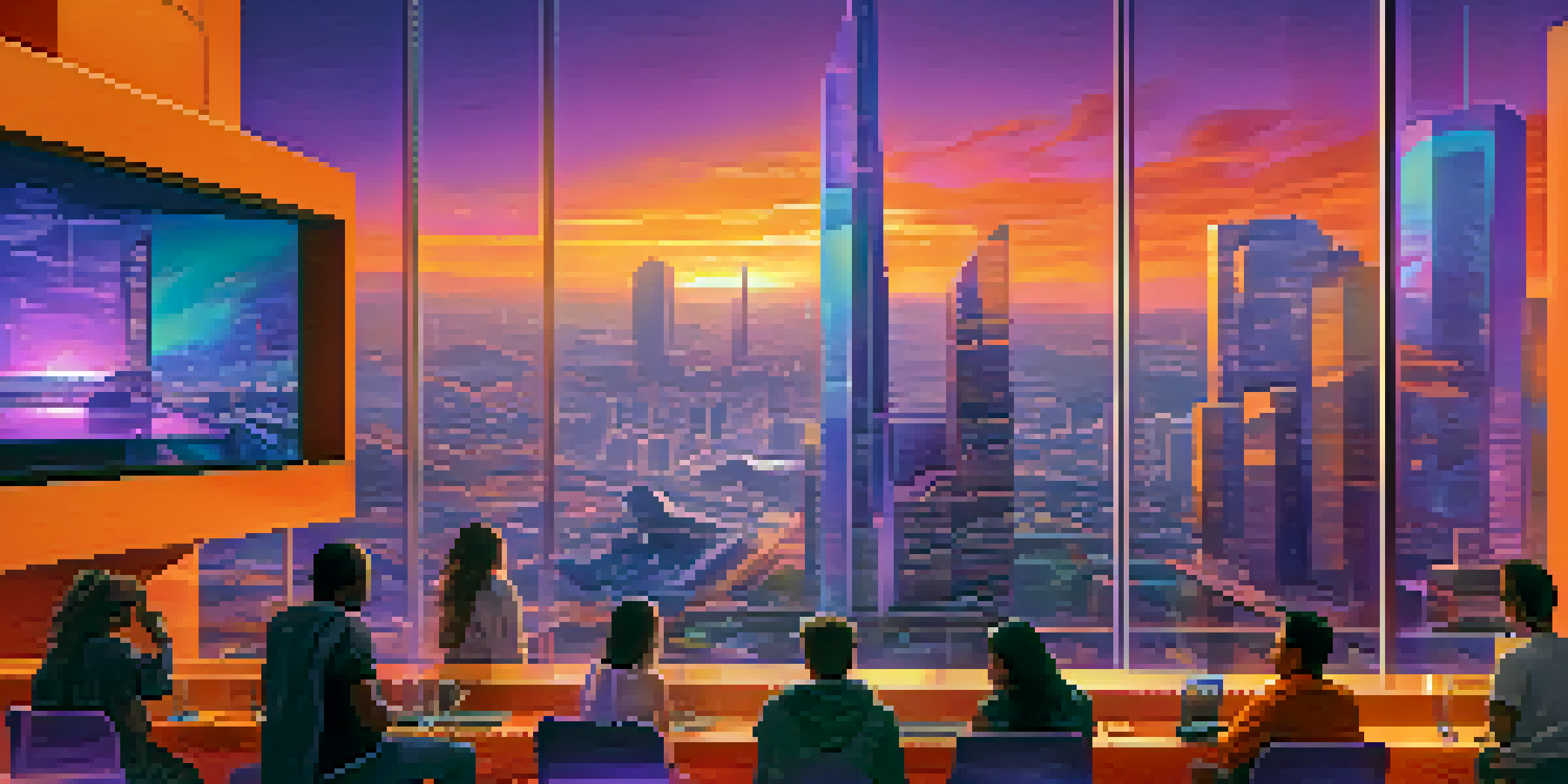A futuristic city skyline at sunset with people interacting with holographic displays of Bitcoin and NFTs.