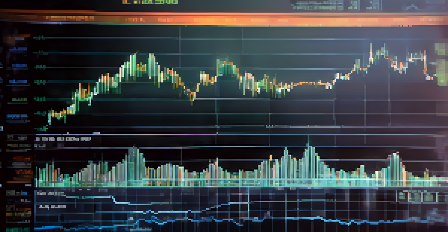 A close-up view of a computer screen showing a Bitcoin price chart with predictive analysis, illuminated by soft white light.