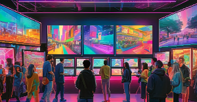 A lively digital art marketplace filled with artists and collectors, featuring vibrant screens displaying colorful NFTs and bright neon lights.
