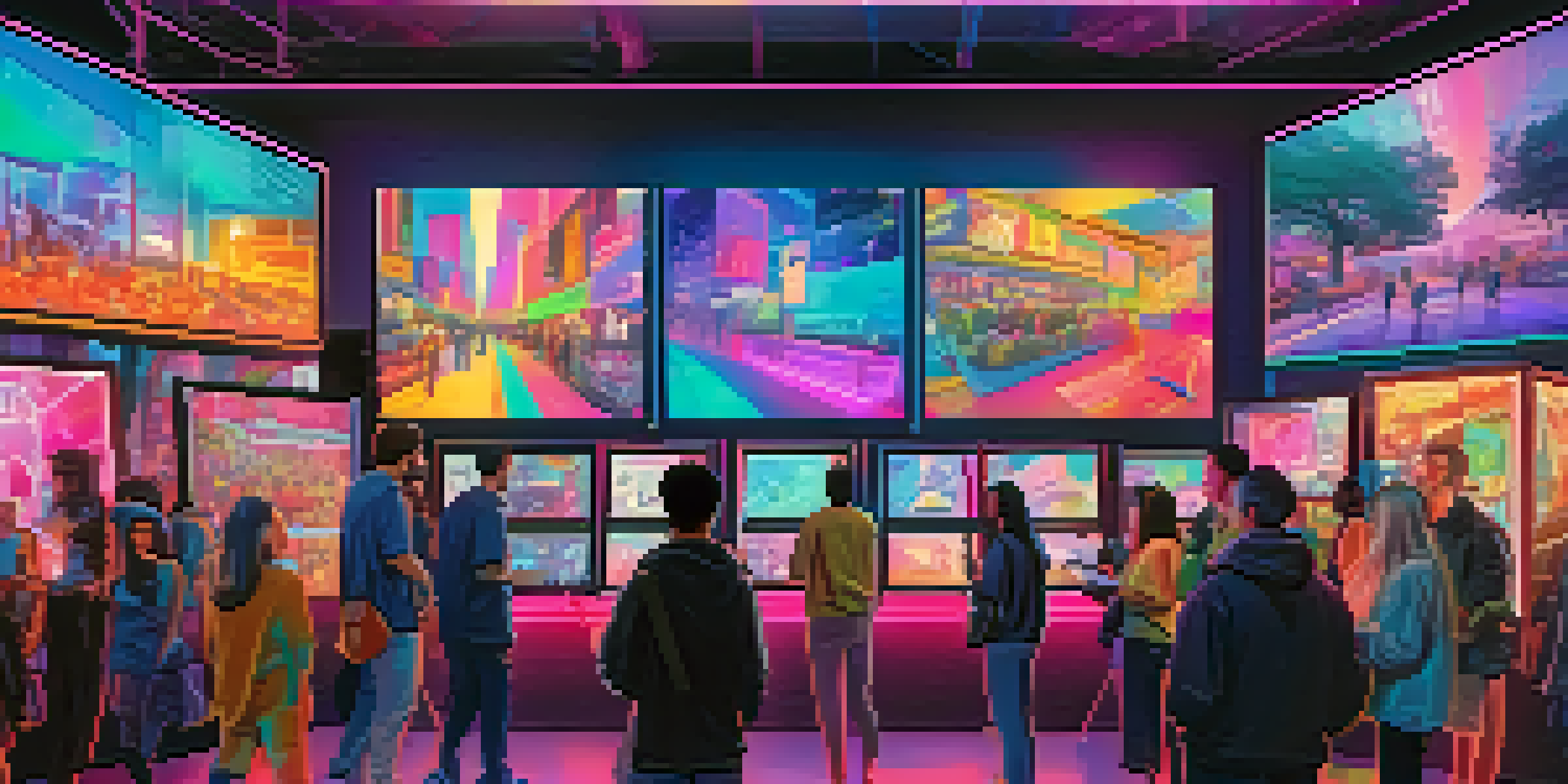 A lively digital art marketplace filled with artists and collectors, featuring vibrant screens displaying colorful NFTs and bright neon lights.