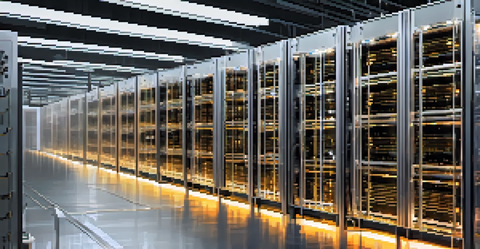 A Bitcoin mining facility with rows of ASICs and advanced cooling systems, illuminated by LED lights.