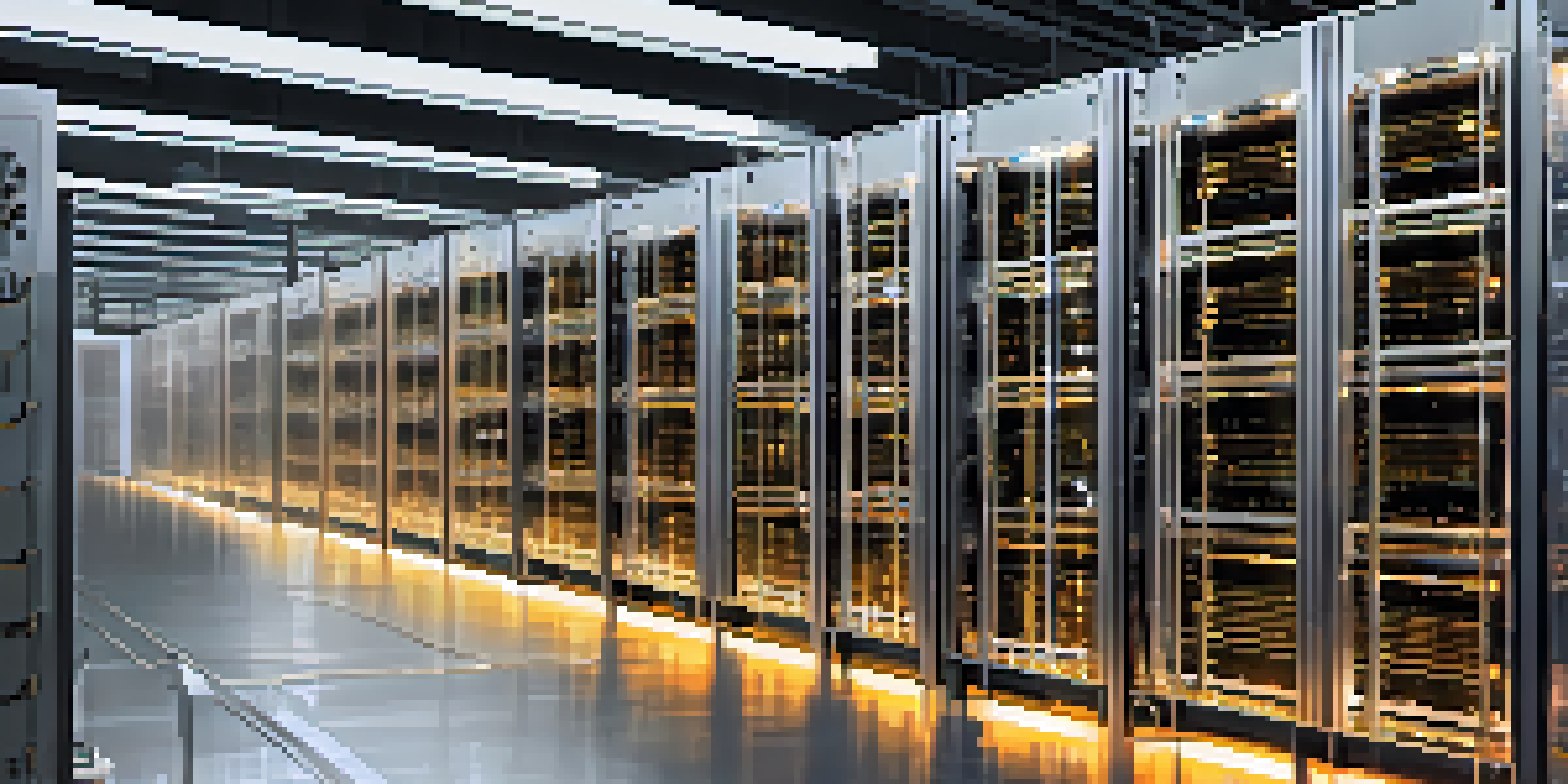 A Bitcoin mining facility with rows of ASICs and advanced cooling systems, illuminated by LED lights.