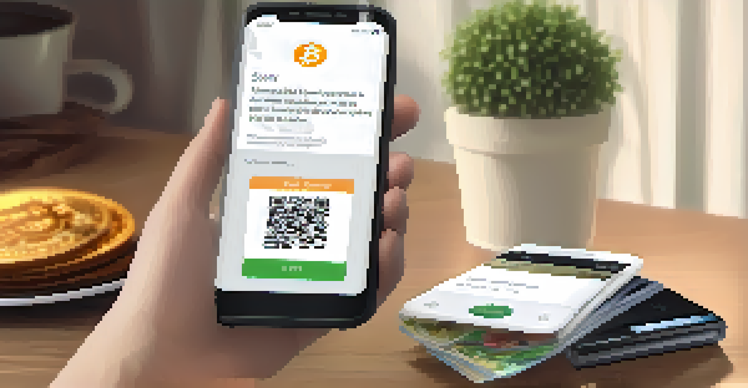 A close-up of a smartphone showing a Bitcoin wallet app, with a charity brochure on the table and soft natural lighting.
