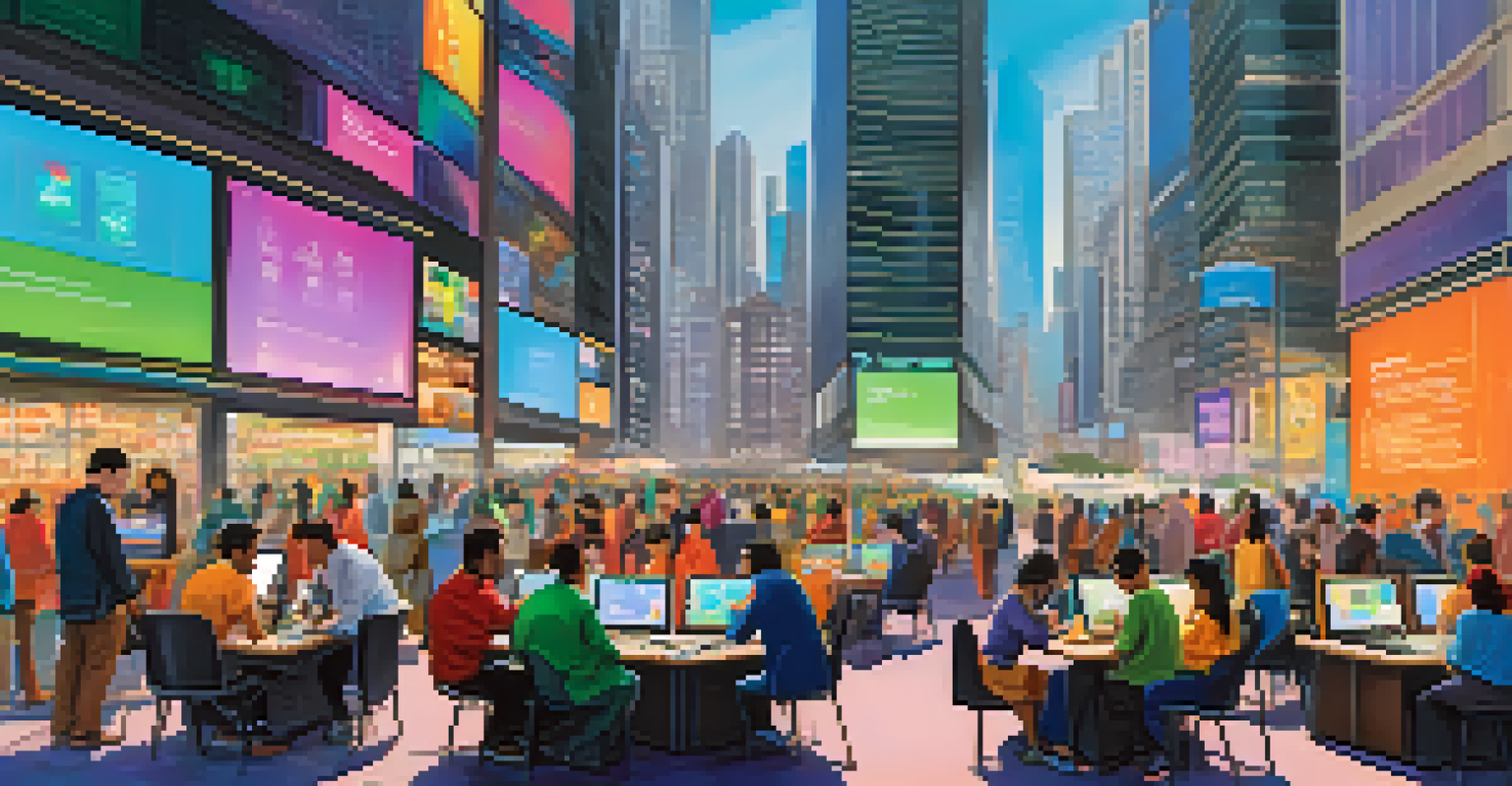 A vibrant urban scene with people trading cryptocurrency and using laptops in front of skyscrapers.