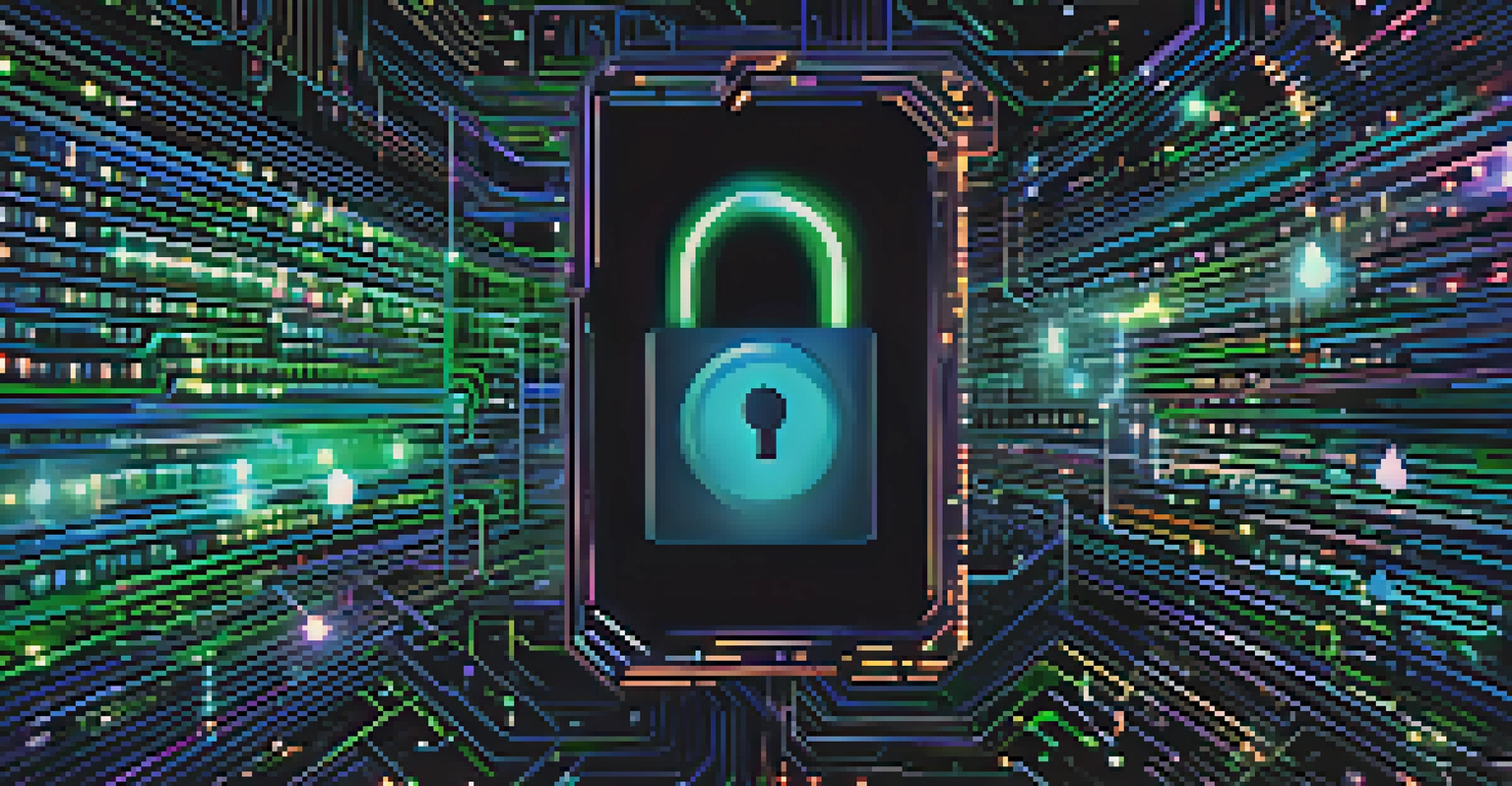 An abstract digital lock made of binary code with glowing shields and data streams in a dark background.