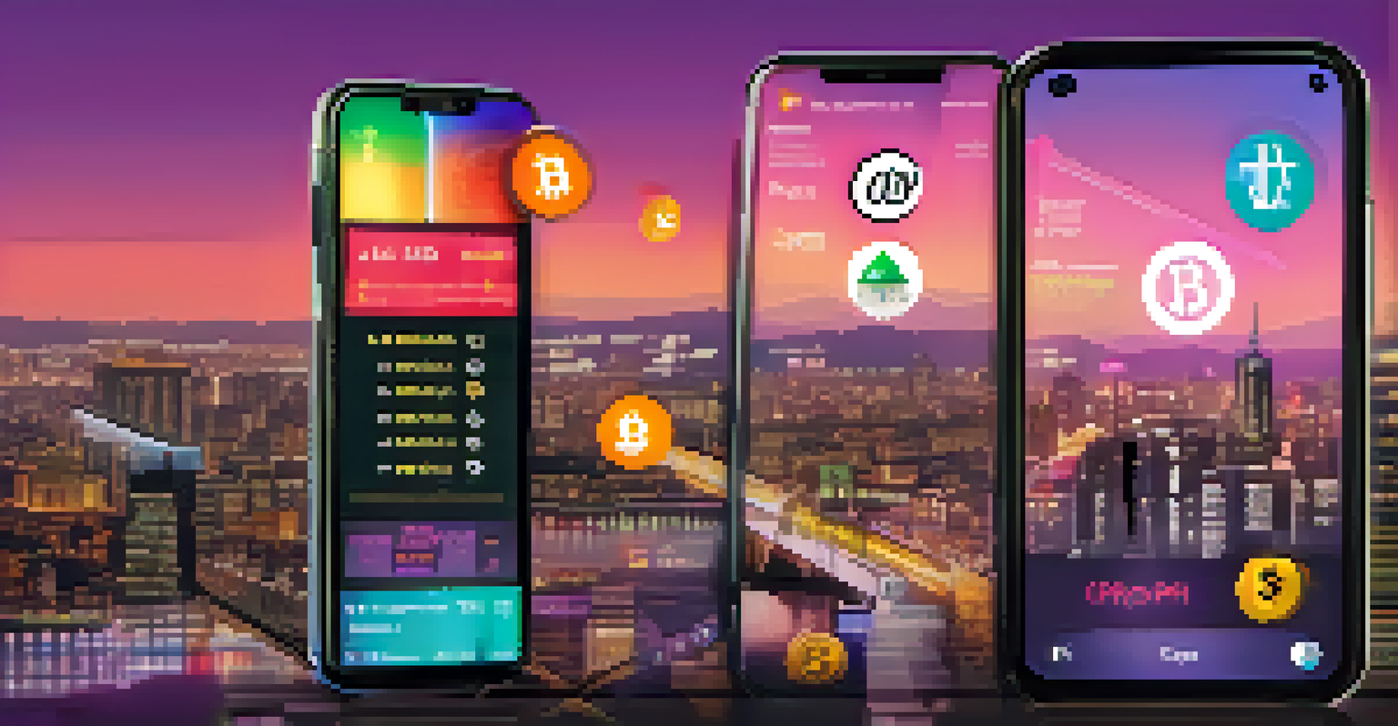 A close-up of a smartphone showing a cryptocurrency trading app against a blurred cityscape at dusk.